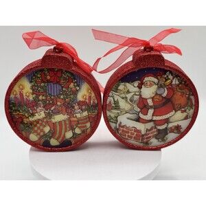 Set of 2 Illuminated Christmas Tree Ornaments Red Circle Santa & Stockings 4.25”